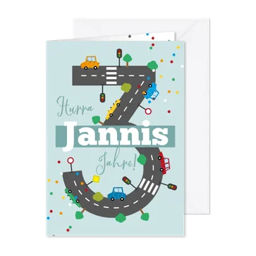 Glückwunschkarte 3. Geburtstag bunte Fahrzeuge